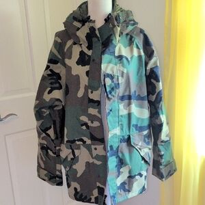 Green and Brown Raincoat with Hood and Water-Resistant Material